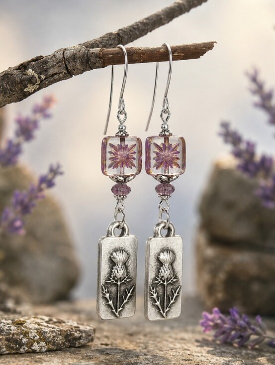 Hand Crafted Jewelry - Scottish Thistle Earrings Purple Czech Glass Highland Jewelry Hand Crafted